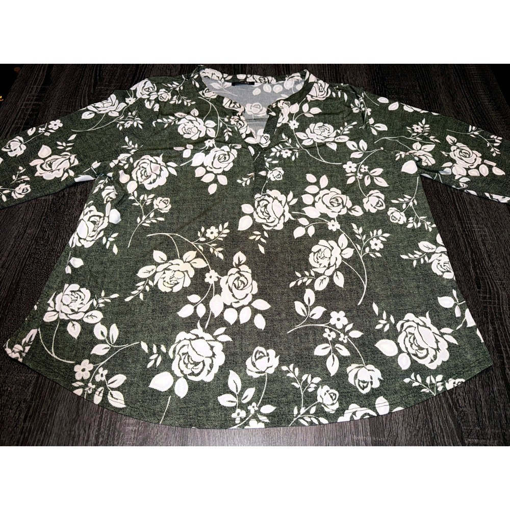 Papermoon Women's 3X Green White Floral Knit Top Made in USA Stretch Blouse